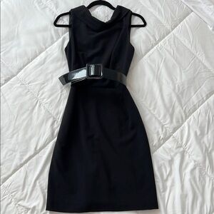 Elegant Black Whitehouse/Black Mkt lined dress. Sz 4. Patent belt. $21-